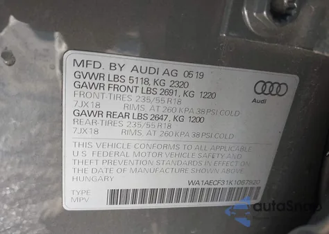 2019 Audi Q3 2.0T Premium z USA, uszkodzony, nr VIN WA1AECF31K1067920